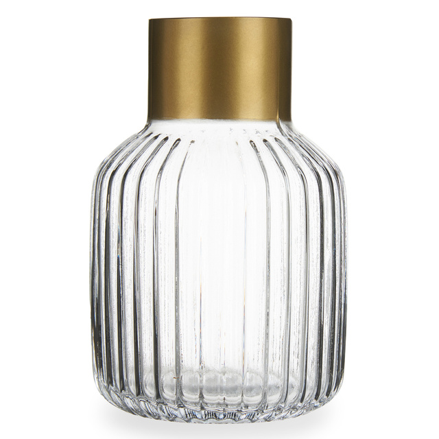 Vaza din sticla canelata cu decor auriu, inaltime 22 cm