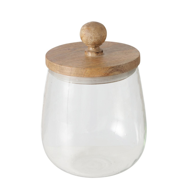 Borcan din sticla Varuf cu capac din lemn de mango, 12 cm