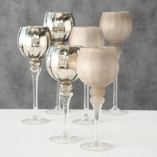 Set 3 sfeșnice din sticlă, pahare înalte, șampanie