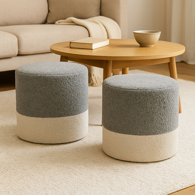 Puf rotund tapițat în două culori boucle, Ø 35 x 34 cm