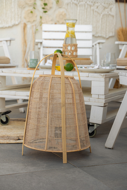 Veioza in forma de felinar CARMEN, abajur din bambus, inaltime 49 cm