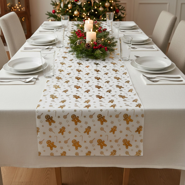 Traversa de masa cu model turta dulce aurie, 28 x 300 cm