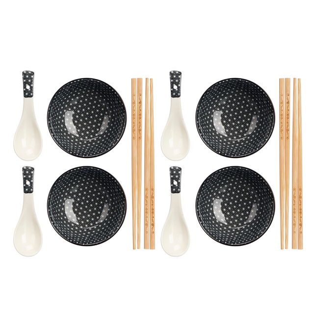 Căni negre pentru ceai BUMY cu suporturi din lemn, 4 bucăți