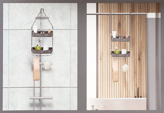 Suport pentru baie cu ventuze, 2 niveluri, Gri