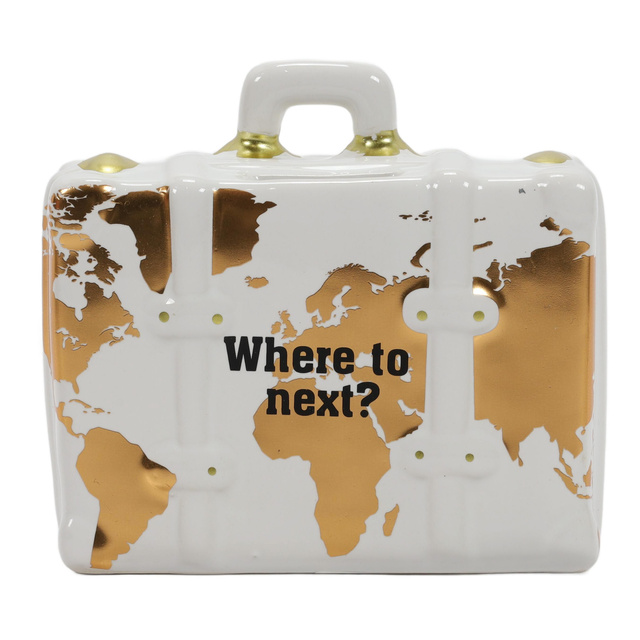 O pușculiță din ceramică colorată cu motiv de călătorie