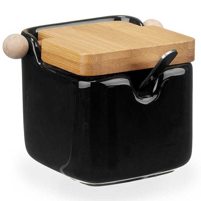 Zahărnita din ceramică cu capac din bambus și lingurită de metal, 190 ml