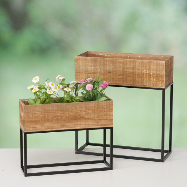 Set suporturi metalice pentru flori cu cutie din lemn ANETA, inaltime 40-59,5 cm