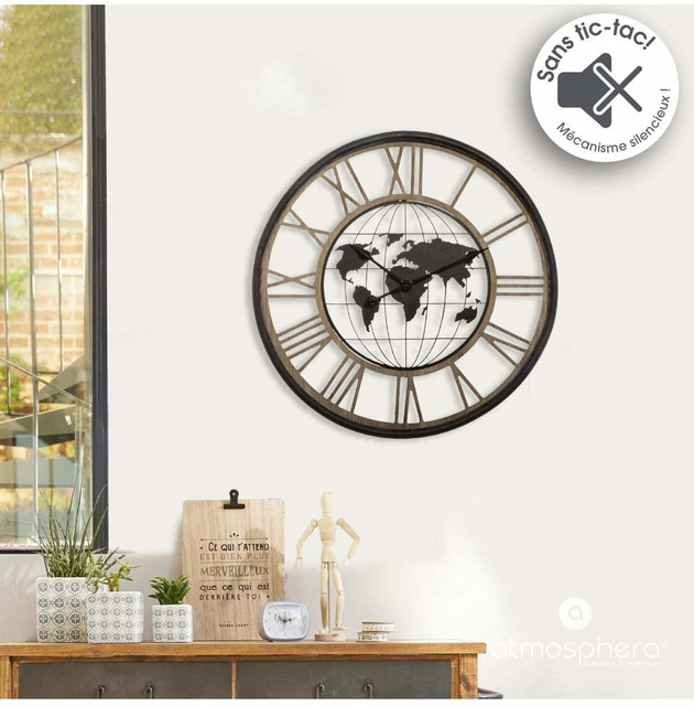 Ceas de perete cu harta lumii si cifre romane, mecanism silentios, Ø 67 cm