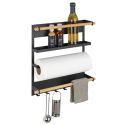 Raft de bucătărie MAGNA multifuncțional cu suport pentru prosop de hârtie și cârlige, instalare fără găurire, negru, WENKO