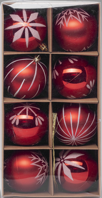 Set globuri rosii cu model alb, Ø 8 cm