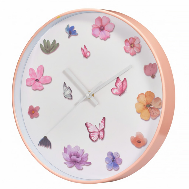 Ceas de perete cu motiv floral, Ø 30 cm, roz