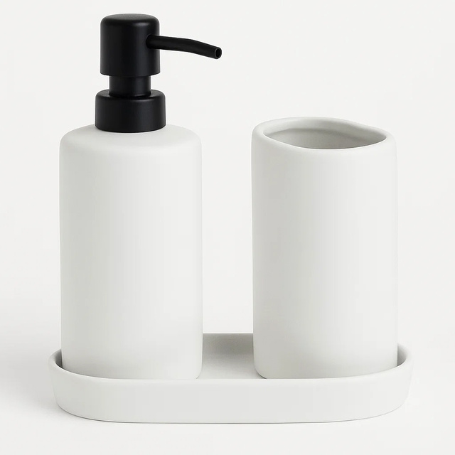 Set de baie PLY, dozator ceramic, cană și tavă, alb