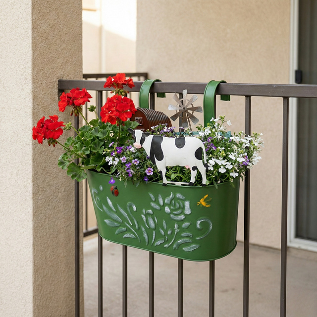 Vază metalică pentru ghiveci RANCH cu motiv de animale domestice, 34 cm, verde